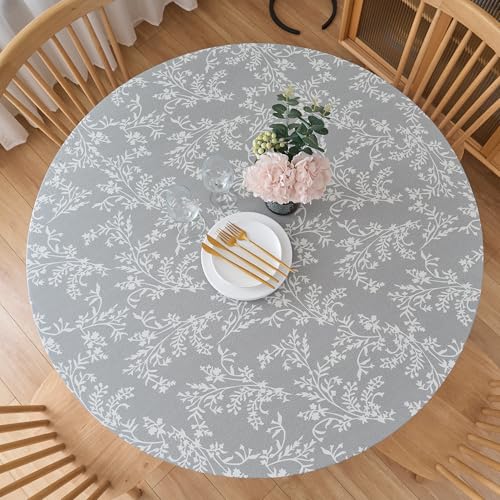 LIBERECOO Round Fitted Vinyl Tablecloth with Flannel Backing, Elastic Edge Waterproof Table Cloth Plastic Table Cover for Indoor & Outdoor