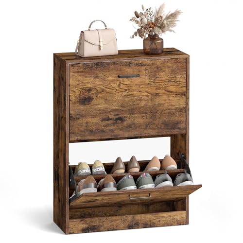 VASAGLE Shoe Cabinet with 2 Flip Doors, Adjustable and Removable Divider, for 12 Pairs of Women's Shoes or 8 Men's Shoes, for Narrow Entrance, 60 x 24 x 83.5 cm (L x W x H), Rustic Brown LBC02BX