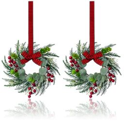 2Pcs Christmas Wreath, 10 Inch Mini Wreaths for Kitchen Cabinets, Christmas Door Wreath, Small Christmas Wreath for Fireplace Window Farmhouse Indoor Home Decorations