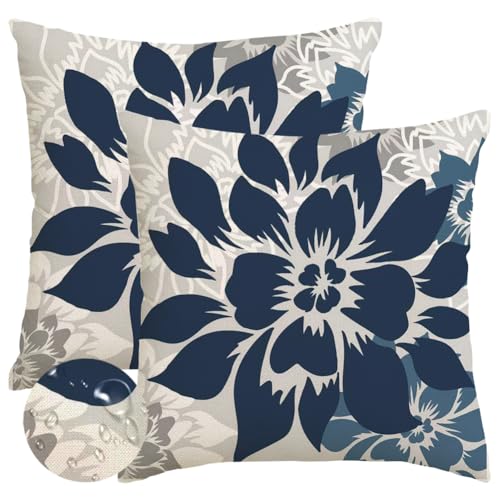 RABUSOFA Dark Blue Gray Floral Pillow Covers 20x20 Inch Set of 2 Outdoor Waterproof Decorative Throw Pillows for Home Decor Sofa Patio Funiture Flower Polyester