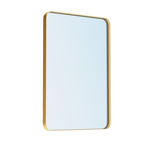 VocalStar Gold Bathroom Mirror for Wall, 22 x 30 Inch Metal Framed Rounded Rectangle Vanity Mirror Modern Farmhouse, 1/4-inch Shatterproof Glass - Ultra-Flush Hanging