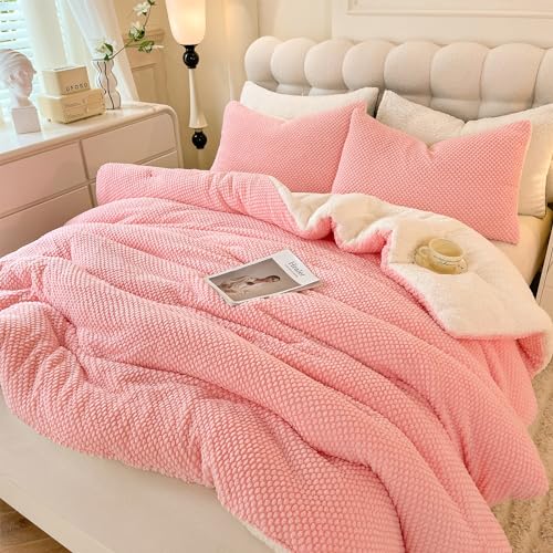 "LLanCL 3D Jacquard Design Comforter Set, Ultra-Soft Warm Queen Size Sherpa Fur Plush 3-Pieces Sets Luxury Cozy Bedding with 2 Pillowcases (90""x90"", Pink)"