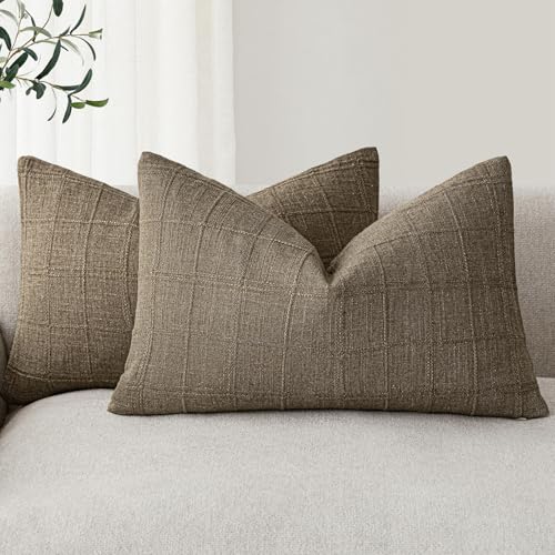 Foindtower Set of 2 Decorative Linen Check Throw Pillow Covers Neutral Farmhouse Lumbar Cushion Covers Modern Boho Home Decor for Sofa Chair Couch Bedroom Living Room Outdoor,12×20 Inch,Light Brown