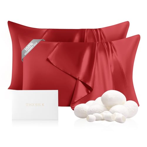 "THXSILK Set of 2 100% Pure Mulberry Silk Pillowcase for Hair and Skin, 22 Momme Zipper Silk Pillow Case Standard Size, Real Silk Pillowcase with Zipper, Anti Aging Acne Free (Red, Queen 20""x30"")"