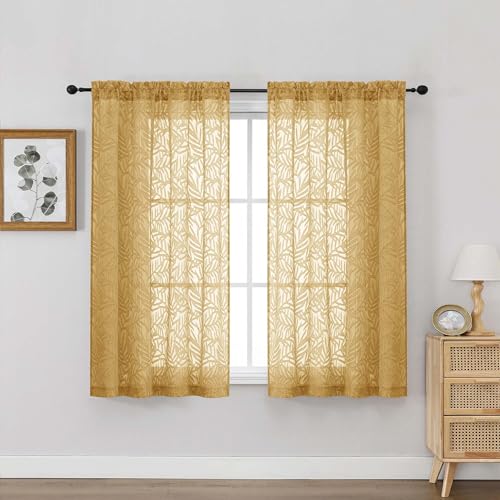 OVZME Gold Sheer Curtains 54 Inch Length 2 Panels, Soft Airy Light Filtering Breathable Leaf Clip Jacquard Textured Short Drapes for Bathroom Bedroom Windows, Dual Rod Pocket, 2x42Wx54L Inches