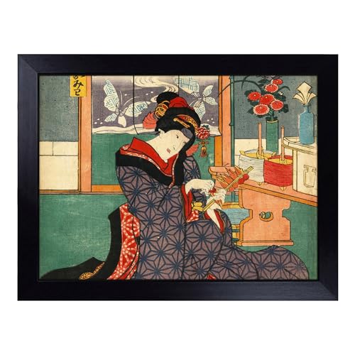 Lap Tray with Bean Bag Cushion, Utagawa Toyokuni Vintage Japanese Oriental - Handmade in the UK, Raised Wooden Edge, Padded Cushion, Heat-Resistant Wipe-Clean Surface, for Meals, Laptops and Crafts