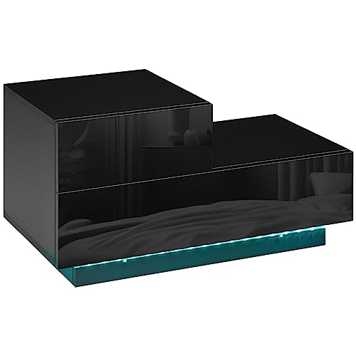HOMCOM Bedside Table with LED Light, 2 Drawers, High Gloss Front, Black