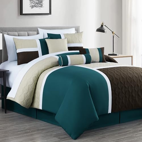Chezmoi Collection Upland 7-Piece Quilted Patchwork Comforter Bedding Set, Teal/Beige/Brown, Queen