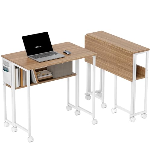 HOMCOM Folding Desk with Storage Shelf and Bag 80 cm Natural Wood Finish