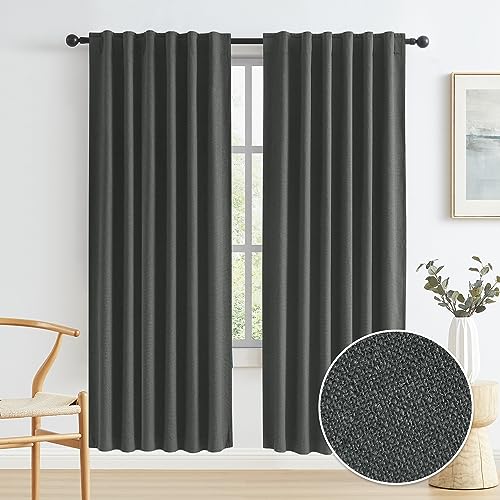 KEQIAOSUOCAI 100% Blackout Linen Curtains, Full Shade Light Blocking Drapes Back Tab Loop Pocket Hook Belt, Textured Thermal Insulated Black Out Curtains(Dark Grey, W50 x L72, 2 Panels)