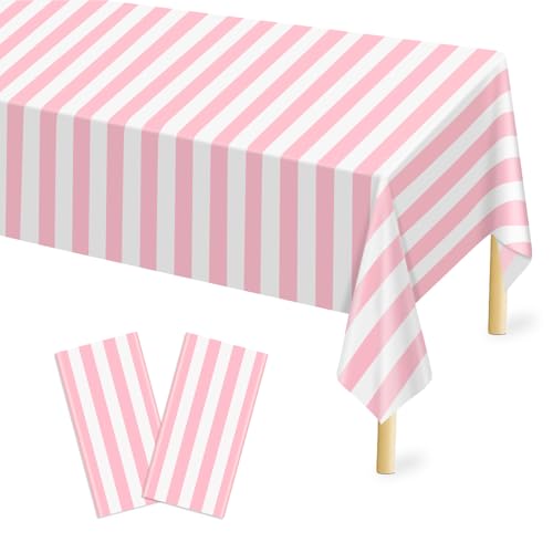 Mulbozy Plastic Table Cloth Disposable 2 Pack, 54 ?? 108 Inch Pink and White Stripe Tablecloths, Pink Plastic Table Cover for Carnival, Movie Night, Birthday, Halloween, Christmas Party