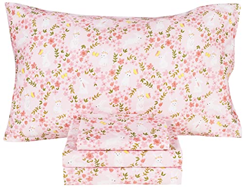 Scientific Sleep Pink Flower Floral Rabbit Bunny 100% Cotton 4 Pcs Twin Bed Sheet Set Kids Toddler Teen, Flat Sheet & Fitted Sheet & Pillowcase Kids Bedding Set (Rabbit Flower, Full)