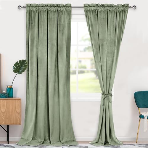 Hiasan Velvet Curtains 96 inches-Blackout Thermal Insulated Solid Soft Curtains for Bedroom Living Room Rod Pocket Room Darkening 2 Panels Window Drapes with Tiebacks, 52W x 96L, Sage Green