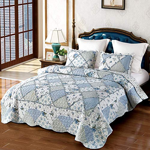 "VIVILINEN Quilted Bedspread Coverlet Set 3-Piece Floral Patchwork Reversible Quilt Set for Full/Queen Size Bed Cover with Pillow Shams (Blue, Full/Queen Size (87"" x 94""))"