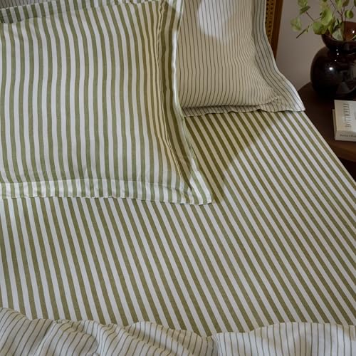 Yard Hebden Midi Stripe Fitted Sheet – Ultra Soft 100% Cotton Striped Bed Sheet (Olive – Single – 90x190x32cm)