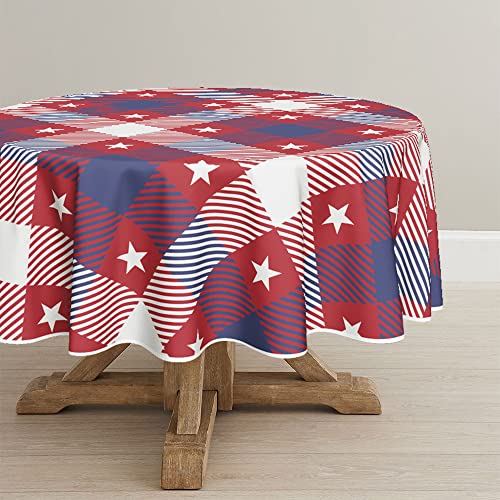 Horaldaily 4th of July Tablecloth 70x70 Inch Round, Patriotic Buffalo Plaid Stars Independence Day Memorial Day Table Cover for Party Picnic Dinner Decor