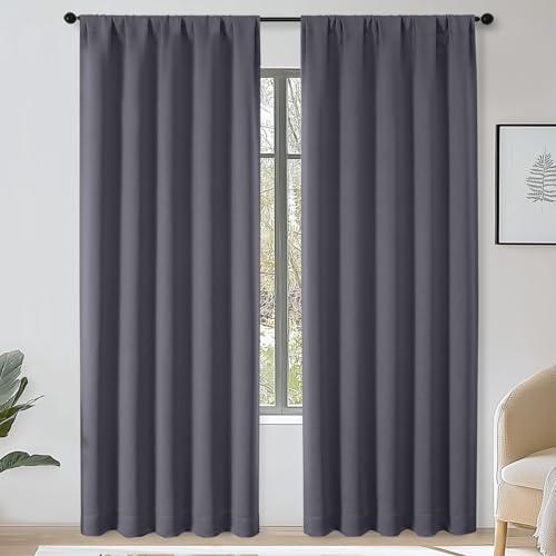 OWENIE Sally Grey Blackout Curtains 84 Inches Long 2 Panels Set for Bedroom Living Room, Solid Thermal Insulated Privacy Room Darkening Window Treatment Drapes, 2 Pcs Each W50 x L84 Inch, Grey