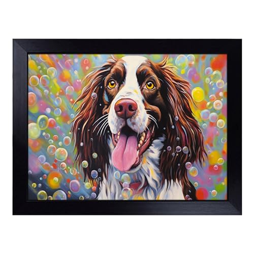 Lap Tray with Bean Bag Cushion, English Springer Spaniel Bubbles - Handmade in the UK, Raised Wooden Edge, Padded Cushion, Heat-Resistant Wipe-Clean Surface, for Meals, Laptops and Crafts