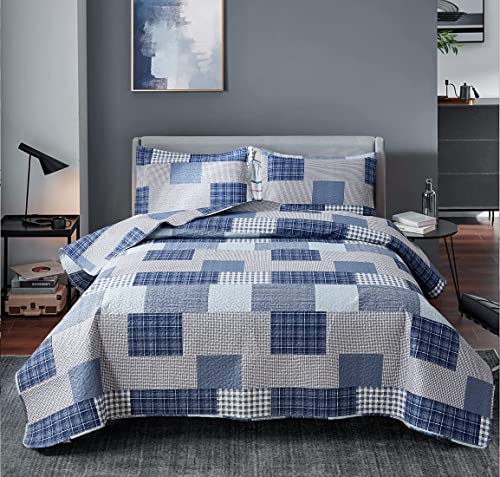 Bedspread Set King Size Plaid Quilt Bedding King Grey Blue Patchwork Morden Lightweight Quilt Bedspread Home Reversible Coverlet-Soft Polyester 3 Piece Quilt Set Collection