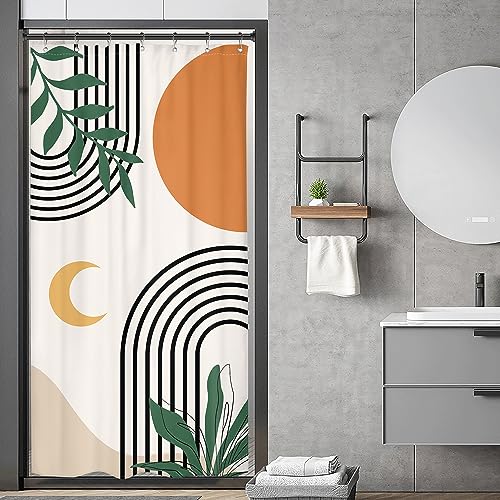 Riyidecor Stall Boho Small Half Size 36x72 Inch Shower Curtain,Camper Abstract Mid Century Modern Aesthetic Geometric RV Single Narrow Dorm Decor Bathroom Set Polyester Waterproof Fabric Hooks