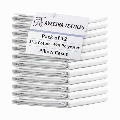 Aveesha 12 Pack Poly Cotton Pillow Cases - Standard Size White Pillowcases - 180 Thread Count Percale Weave Pillow Covers - Perfect for Home, Hotels and Hospital Use