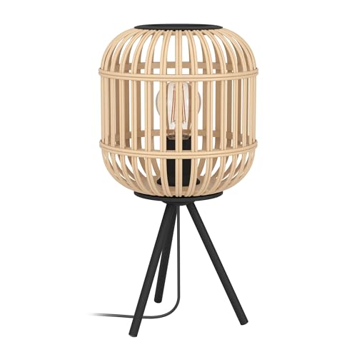 Eglo Bordesley Table Lamp, 1 Bulb Table Lamp, Vintage, Natural, Boho, Hygge, Steel Bedside Lamp in Black and Wood in Natural Colours, Living Room Lamp, Lamp with Switch, E27 Socket
