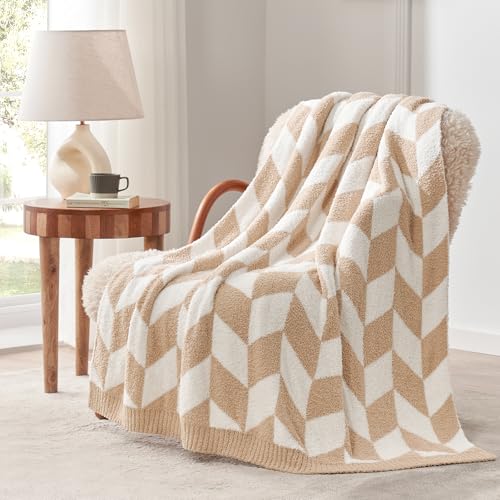Snuggle Sac Throw Blanket for Couch, Reversible Super Soft Warm Blankets Cozy Knit Fuzzy Plush Lightweight Throws for Sofa, Bed, Camping,Chevron Beige,50x60 inches