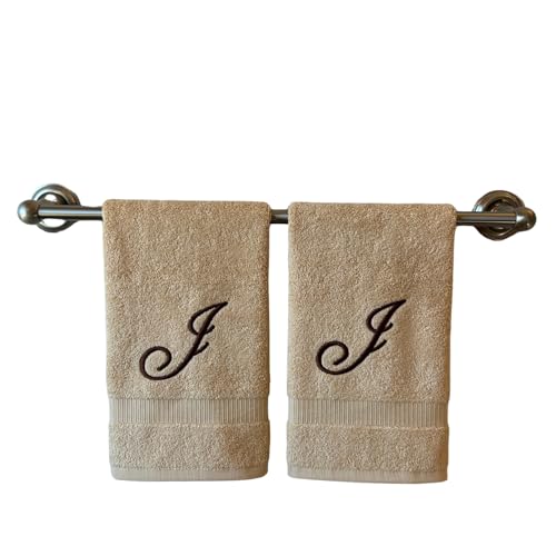 Decorvo Beige Monogrammed Hand Towels for Bathroom - Luxury Hotel Quality Personalized Initial Embroidered Towel for Powder Room, Spa - GOTS Organic Certified - Set of 2 Brown Letter J