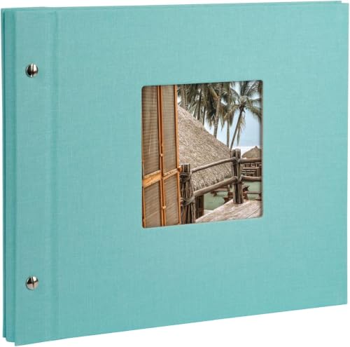 goldbuch Bella Vista 26807 Screw Photo Album with Window Cut-Out 30 x 25 cm Photo Album with 40 White Pages with Glassine Dividers Expandable Album Linen Photo Book Aqua