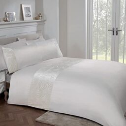 Sleepdown Floral Leaf Velvet Cuff Panel Ivory Cream Luxury Soft Easy Care Duvet Cover Quilt Bedding Set with Pillowcase - Single (135cm x 200cm), 5056242803140