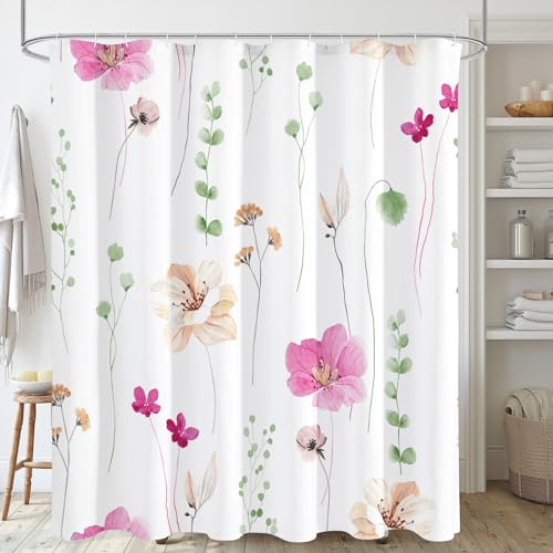 Gibelle Watercolor Floral Shower Curtain, Pink Beige Flower Bathroom Accessory, Modern Minimalist Waterproof Fabric Shower Curtain Set with Hooks 72x72 Inch