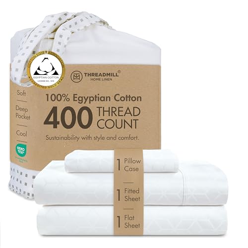 "Threadmill Egyptian Cotton Twin Sheet Set - 100% Certified Egyptian Cotton Sheets for Twin Size Bed - Damask Jacquard Twin Bed Sheets Set 15"" Deep Pocket - Soft 3 Piece Cooling Sheet Set - White"