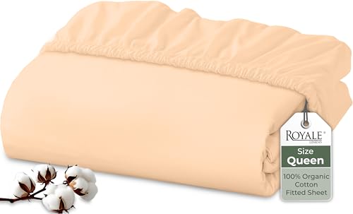 "Royale Linens 100% Organic Cotton Fitted Sheet - Percale Weave - Super Soft Deep Pocket Bottom Sheets - Elastic Sheet Queen Size - Queen Fitted Sheets Only - (60""x80""+15"", Sand)"