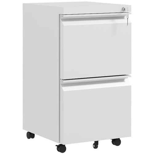 Vinsetto 2-Drawer Mobile Filing Cabinet, Steel Lockable File Cabinet for Letter, A4 and Legal Size, Pre-Assembled Body, White