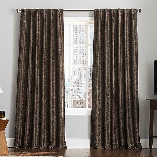"Sun Zero Brookhaven 2-Pack Embroidered Floral Pleated Look 100% Blackout Back Tab Curtain Panel Pair, 50"" x 84"", Chocolate Brown"