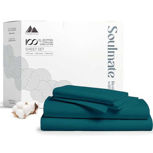 "Mayfair Linen 500 Thread Count California King Cotton Sheets - 4 PC Cal King Size Bed Sheet Set Cotton (Teal), Soft, Cooling, Sateen Weave 16"" Deep Pocket Bedsheet for Hot Sleepers (Fits 18"" Mattress)"