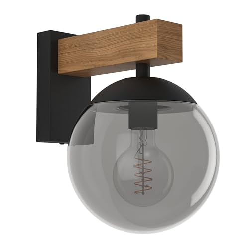 Eglo LED Outdoor wall Light Fixture Bufalata, External Porch lamp - globe-shaped outside spotlight, black and wooden effect metal, white plastic, E27 socket, IP44