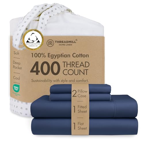Threadmill Egyptian Cotton Sheets for King Size Bed - 100% Certified Egyptian Cotton for King Mattress- Snug Fit Elastic Deep Pocket Bed Sheets - Breathable Solid Sateen Sheets - Folkstone Blue