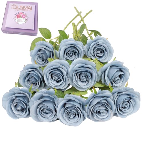JUSMAI 12pcs Roses Artificial Flowers Dusty Blue Silk Roses with Long Stems Fake Flowers for Wedding Bouquet Centerpices Decorations Party Bridal Baby Shower Home Decor