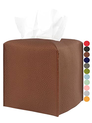 Leather Tissue Box Cover Square ??? [JESMINI, Brown] Modern PU Leather Cube Tissue Box Holder Decorative for Bathroom Vanity Countertop/Night Stands/Office Desk, 5x5x5