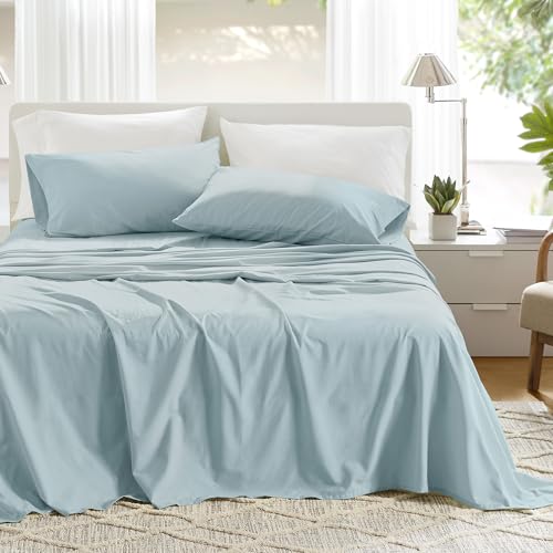"Comfort Spaces 100% Cotton Sheets Queen, Breathable, Soft Cotton Sheets, Naturally Cool Cotton Bed Sheets with 14"" Elastic Pocket Fits up to 16"" Mattress, All Season Sheet Set, Light Blue 4 Piece"