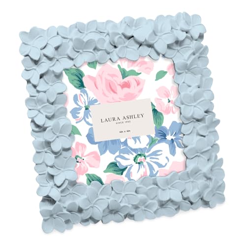 Laura Ashley 4x4 Flower Textured Hand-Crafted Resin Picture Frame with Easel & Hook for Tabletop & Wall Display, Decorative Floral Design Home D??cor, Photo Gallery, Art, More (4x4, Powder Blue)