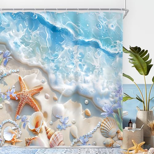 "Ocean Beach Starfish Seashell Coastal Waves Bathroom Shower Curtain Set - 72""W x 72""L shower curtain??? Seaside Scenery: HD waterproof print, quick-dry cloth, free hooks for easy installation."