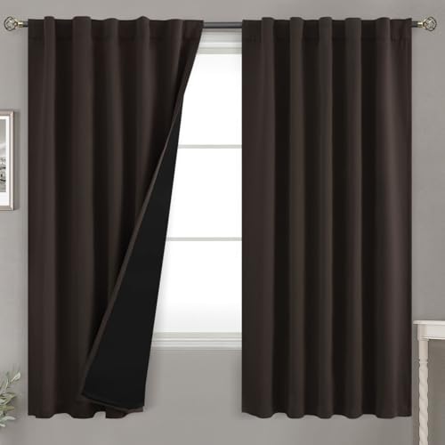 BGment Brown 100% Blackout Curtains 63 Inches Long with Reducing Noise Liner, Insulated Double Layer Full Room Darkening Rod Pocket and Back Tab Window Curtain for Bedroom, 2 Panels, Each 42 x 63 Inch