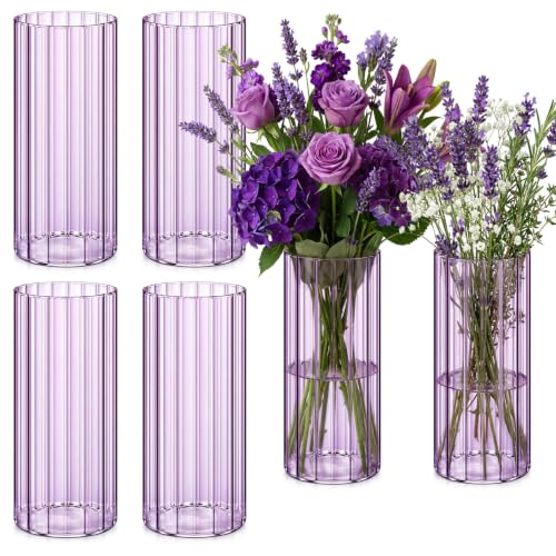 Ninehaoou 6 Pcs 8 Inch Tall Glass Ribbed Cylinder Vases Clear Floating Candle Flower Vase in Bulk, Hurricane Candle Holder for Wedding Housewarming Gift Table Centerpieces(Purple)