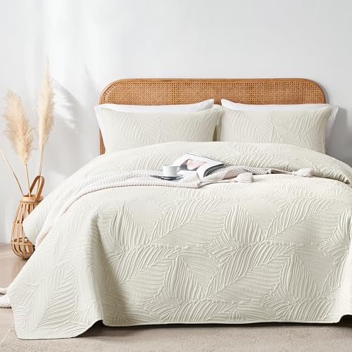 OARAGE Queen Quilt Bedding Set Soft Lightweight Cream Bedspread with Leaf Pattern,Ultrasonic Microfiber Bed Coverlet Full Size for All Season (1 Quilt, 2 Shams)