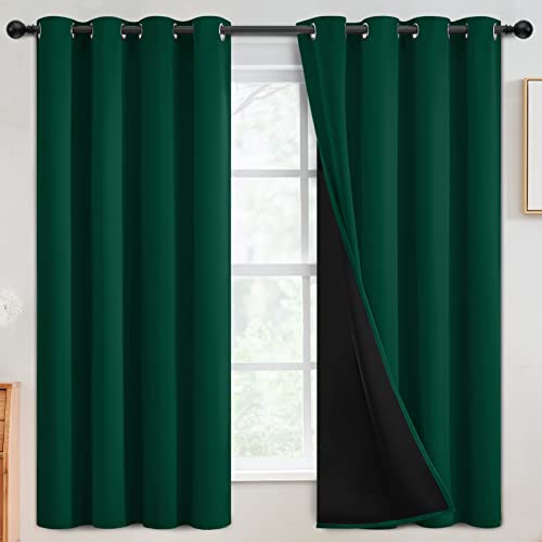 SimpleHome Dark Green 100% Blackout Curtains Room Darkening Living Room 63 - Curtains for Bedroom,Thermal Insulated Grommet Window Drapes,Curtains for Living Room with Black Back,52 x 63 Inch,2 Panels