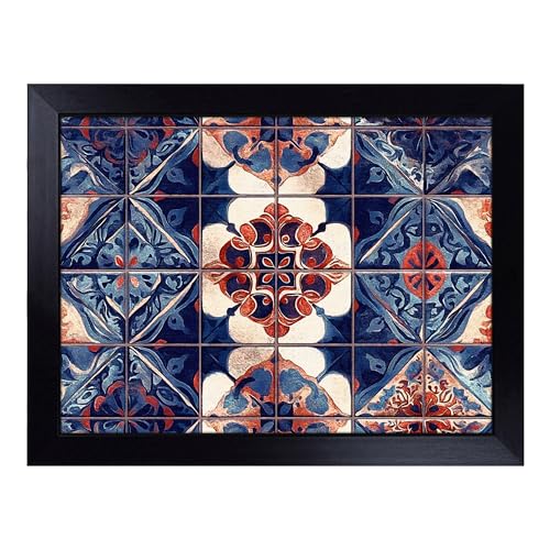 Lap Tray with Bean Bag Cushion, Floral Tiles Pattern - Handmade in the UK, Raised Wooden Edge, Padded Cushion, Heat-Resistant Wipe-Clean Surface, for Meals, Laptops and Crafts