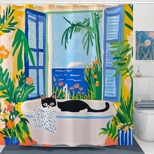 Kanuyee Scenic Cat Shower Curtain Set Relaxing Window View Waterproof Bathroom Shower Curtain Tropical Nature Print Peaceful Home Decor 72x72 Inch