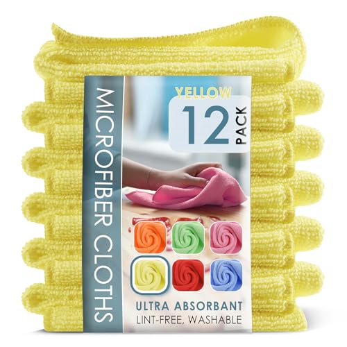 Hearth & Harbor Microfiber Cleaning Cloth Set - 12 Pack Yellow Washcloths, 12''x12'' Reusable Towels for Cars, Lint-Free Rags (V-HH-Cloth-M-12-Ylw)